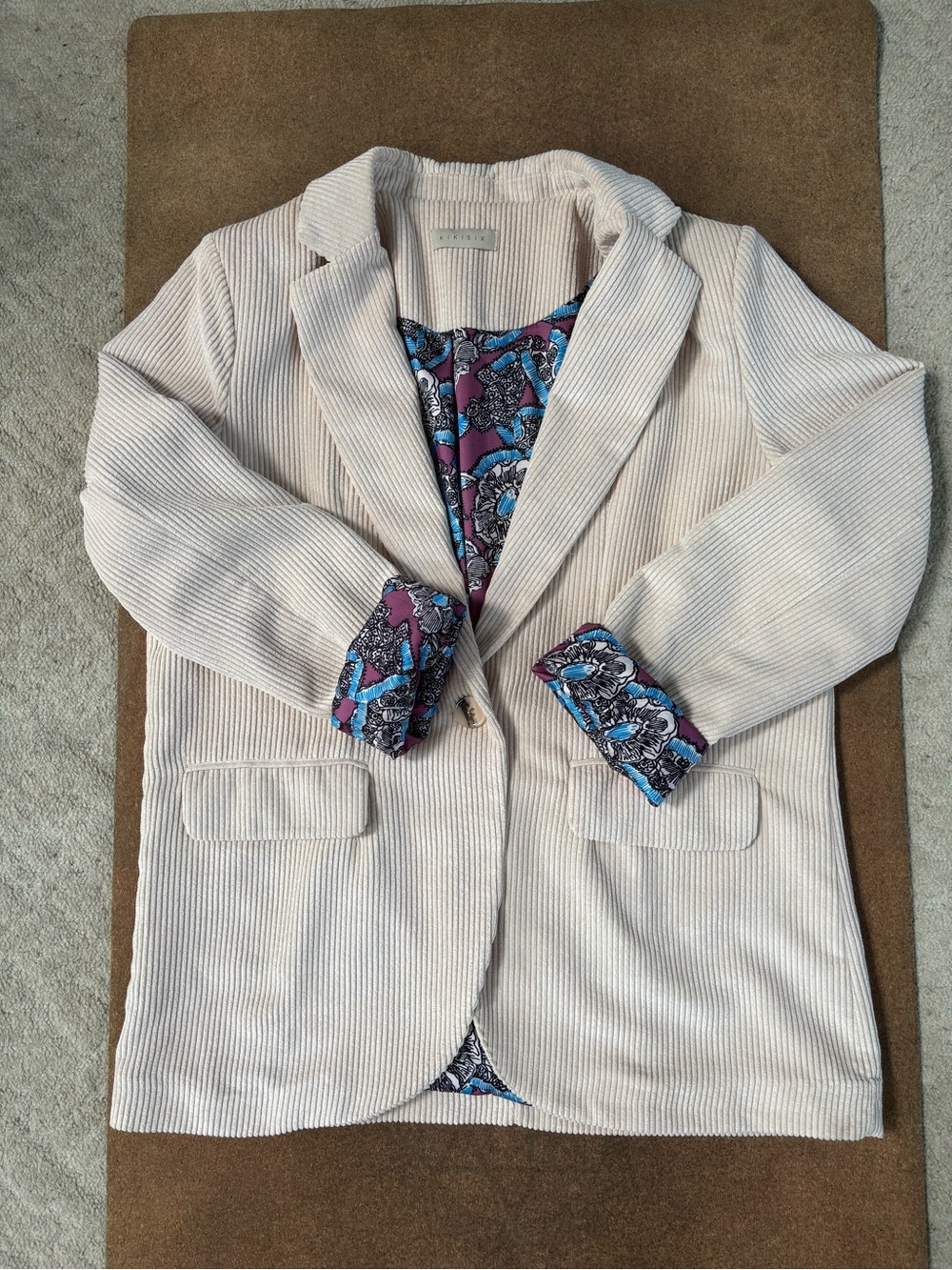 Neutral Corduroy Blazer with Patterned Lining